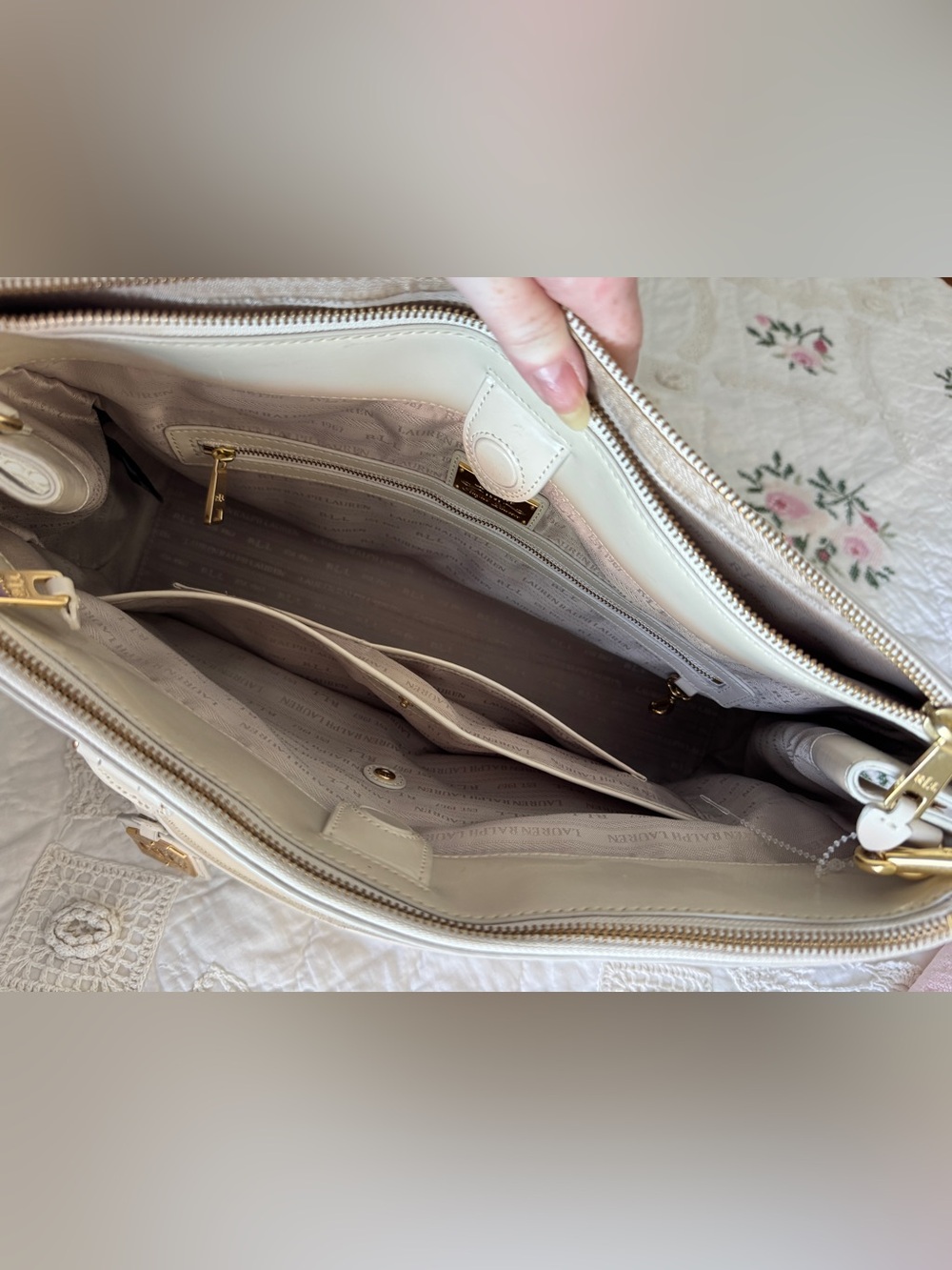 Ralph Lauren “Taylor, Belti Double-Zip Embossed Leather Satchel” in Ivory - Picture 14 of 17
